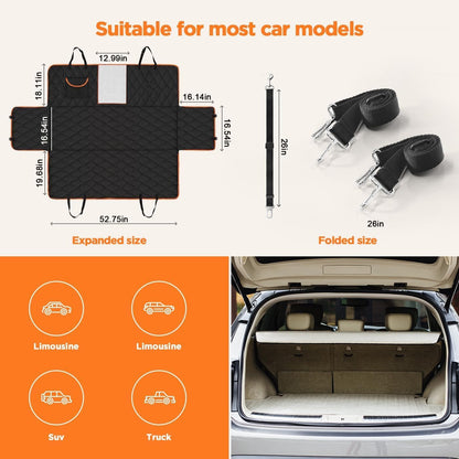 Waterproof Dog Car Seat Cover, Black with Orange Trim, Universal Size Back Seat Protector with Mesh Window, Storage Pocket, Side Flaps for Car, Truck, SUV