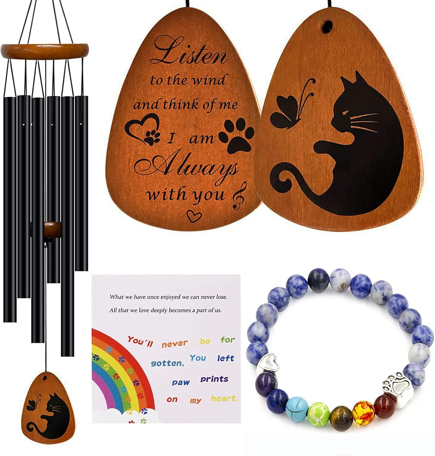 Cat Memorial Wind Chimes & Bracelet, Sympathy Gifts for Cat Lovers, 28 inches