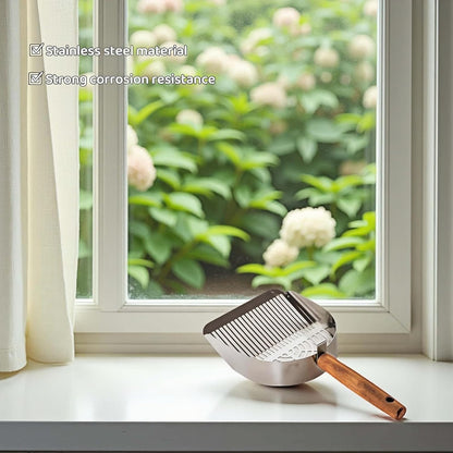 Premium Stainless Steel Cat Litter Scoop-Triple Guard Walls&Non-Stick Design,Silver,Flat Shovel Head Design Solid Deep Edge Wood Handle,Dual Hooks 1Pack,6.1x5.3inch (Silver long strip) (Silver)
