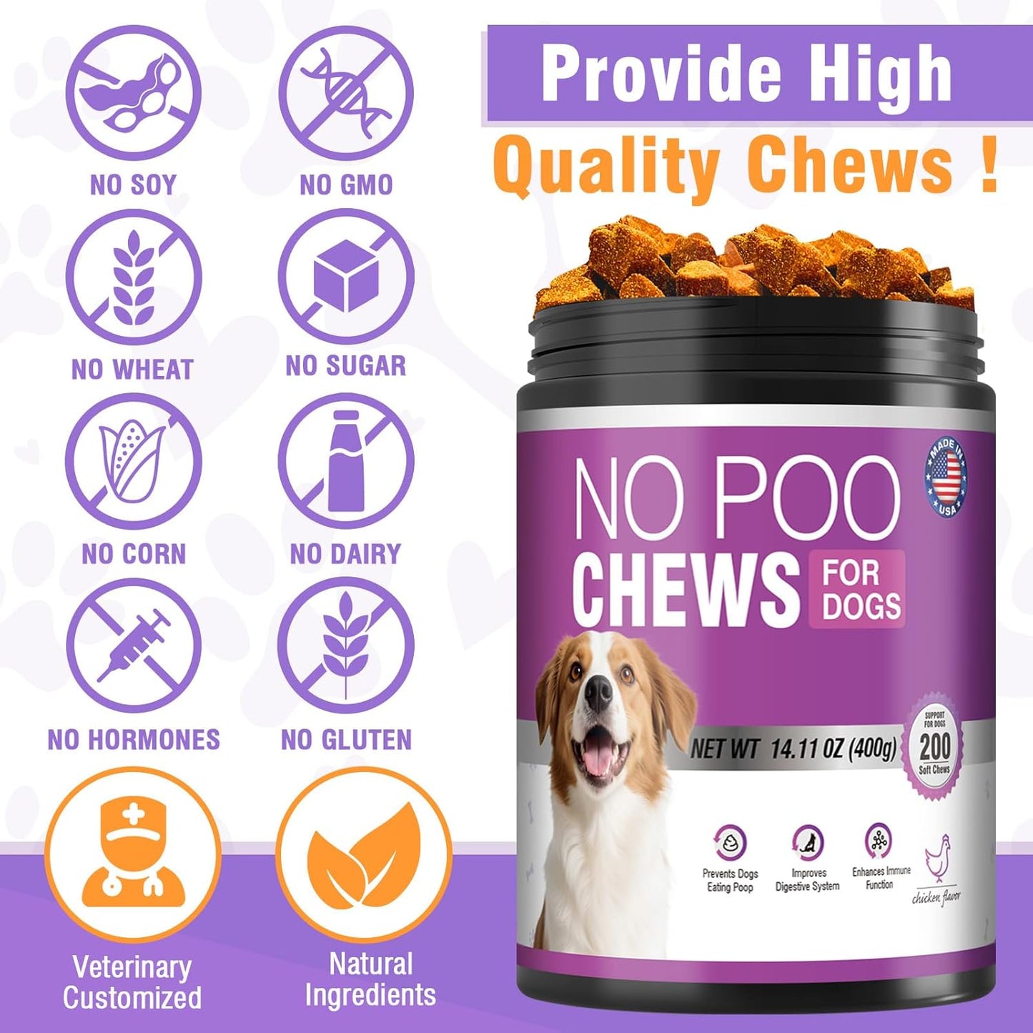 400 Chews No Poo Chews For Dogs-Stool Deterrent For Dog Eating Poop-Coprophagia Deterrent For Dogs-Gut Health & Immune Support-Digestive Enzymes Probiotics Supplement-2*200 Soft Chews-Chicken Flavor