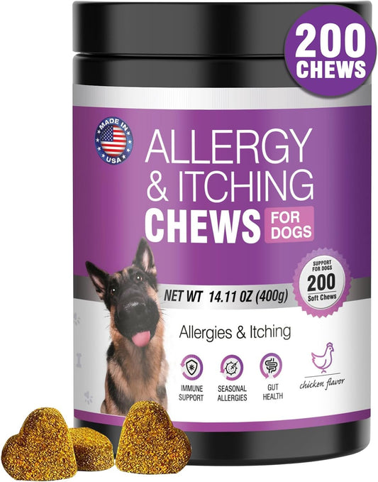 Dog Allergy Chews 200ct - Dog Allergy and Itching Skin Relief Anti Itch Aller Immune Bites for Dogs Licking Paws Treatment Relief Itchy Chew Probiotics Vitamins for Skin and Coat Allergies - Chicken