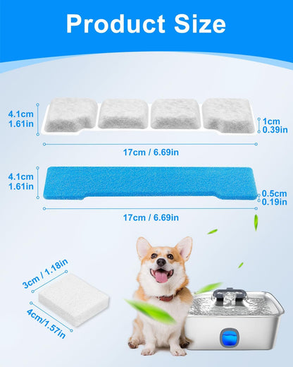6 Set Pet Water Fountain Filter Replacement Kit Compatible with SIBAYS 15L/4Gal, Fit for Kastty Dog Water Fountain Stainless Steel, 6 Pre-Filter+6 Filters+6 Sponges