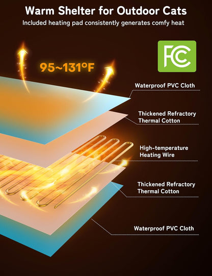 Heated Cat House for Outside: Apartment Design 31.5" Waterproof & Insulated Outdoor Cat House for Winter, Weatherproof Elevated Feral Cat Shelter with Heating Pad, Warm Houses for Outdoor Cats Stray