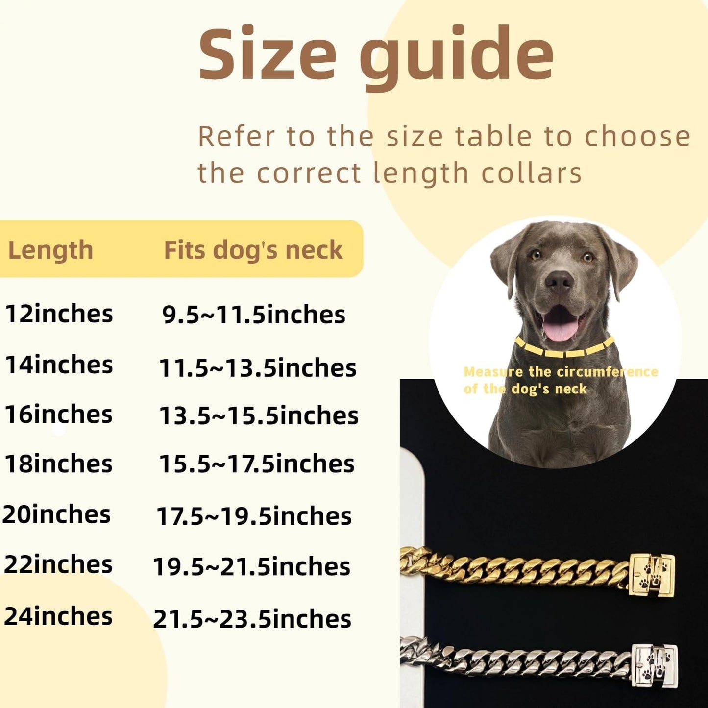 Gold Chain Dog Collars 15MM Stainless Steel Cuban Link Chain Collar with Secure Buckle Design, Metal Walking Training Collars, Chew Proof, Suitable for Small Medium Large Dogs (Gold,12'')