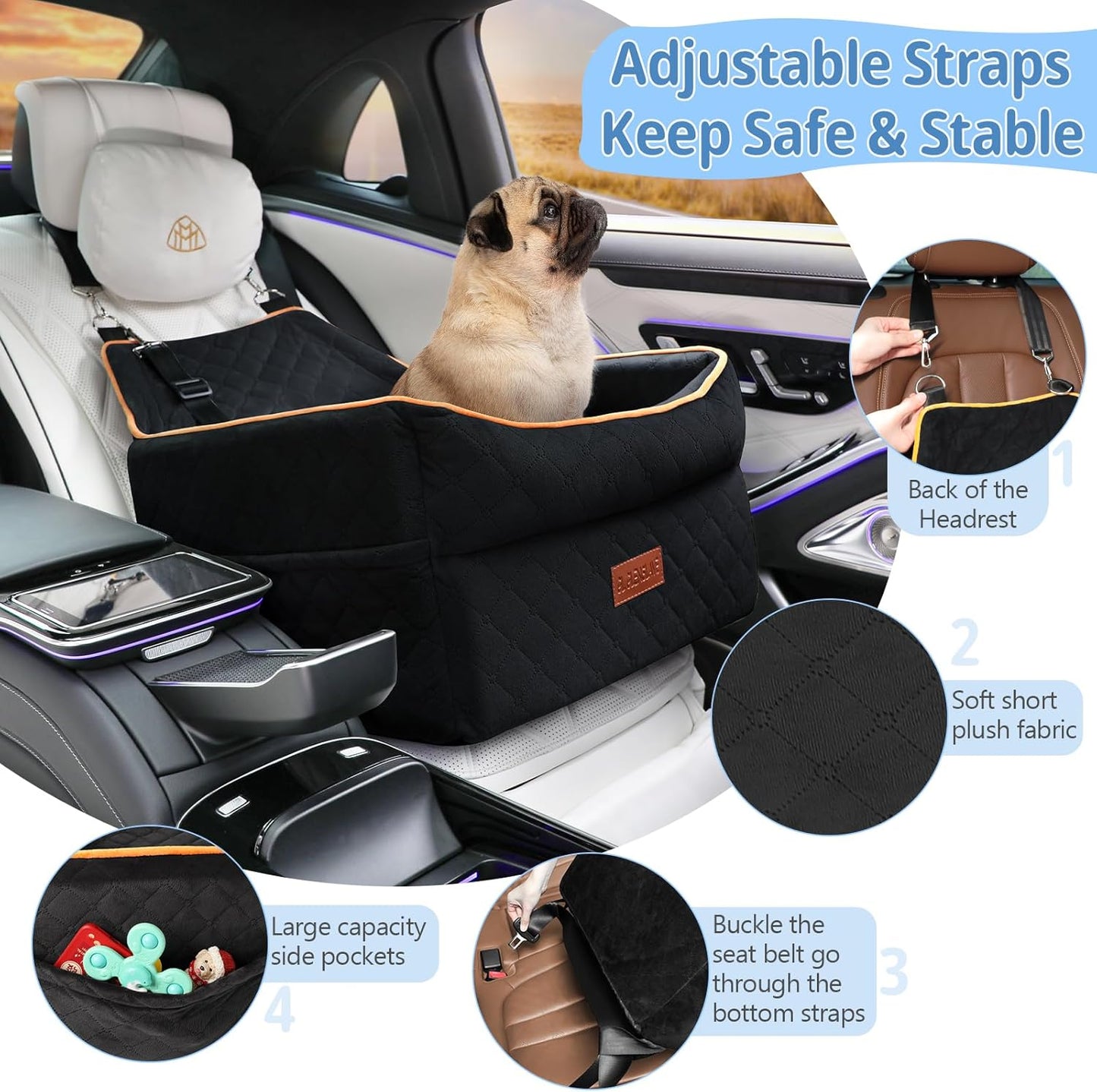 Dog Car Seat for Small Medium Dogs, Memory Foam Dog Booster Car Seat for Pets Under 35 lbs, Anti-Slip Pet Carseat with 2 Adjustable Leashes, Elevated Dog Travel Bed with Storage Pockets