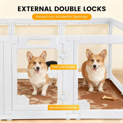 WICHEMI Acrylic Dog Playpen Indoor 10 Panels, Dog Play Pen Indoors 23.6" H, Puppy Play Pen with Double Door Lock, Small Animal Playpen with Suction Cup, White