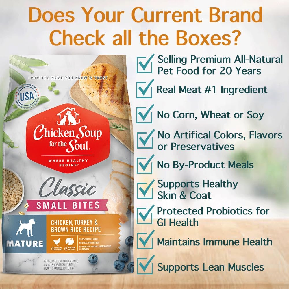 Chicken Soup for the Soul All Natural Premium Small Bites Senior/Mature Dry Dog Food, Real Meat First Ingredient, No By-Products, Supports Joint Health & Mobility, Chicken, Turkey & Brown Rice, 4.5lb