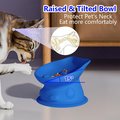 Slow Feed Cat Bowl, Elevated Cat Food Dish with Tilted Design, Dual-Use for Dry and Wet Food, Anti-Vomit, Anti-Choking, Easy to Clean