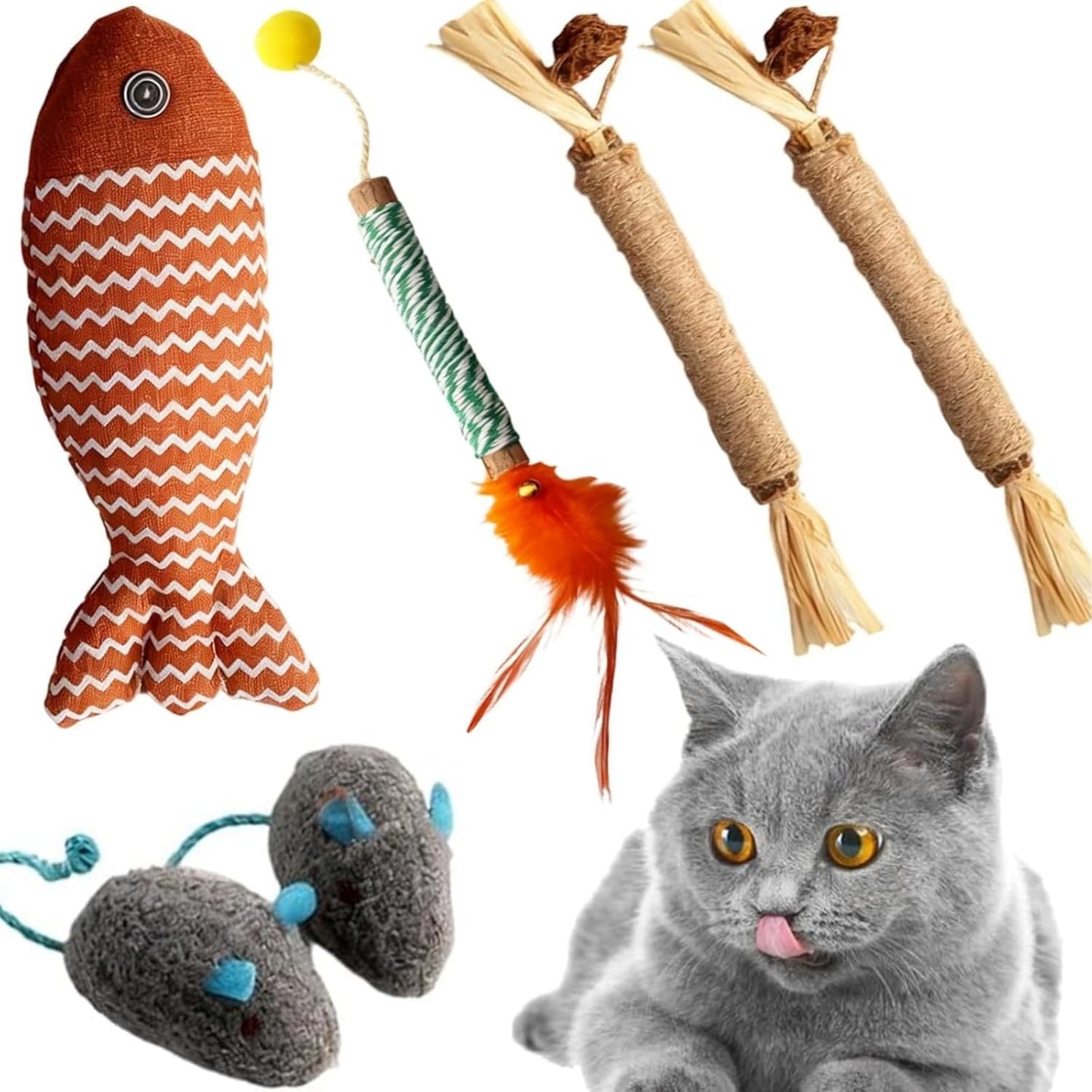 6-Pack Catnip Toy - 3 Silvervine Chew Sticks for Cats, 2 Cat Mice Toy and 1 Fish - Catnip Toys for Indoor Cats Kitty Teeth Grinding Chew Interactive