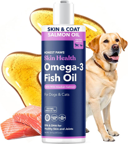 Honest Paws Salmon Oil for Dogs & Cats – Omega 3 Fish Oil Supplement for Skin, Coat, Joint & Heart Health – Natural, Sustainably Sourced Wild Alaskan Salmon, 16 oz
