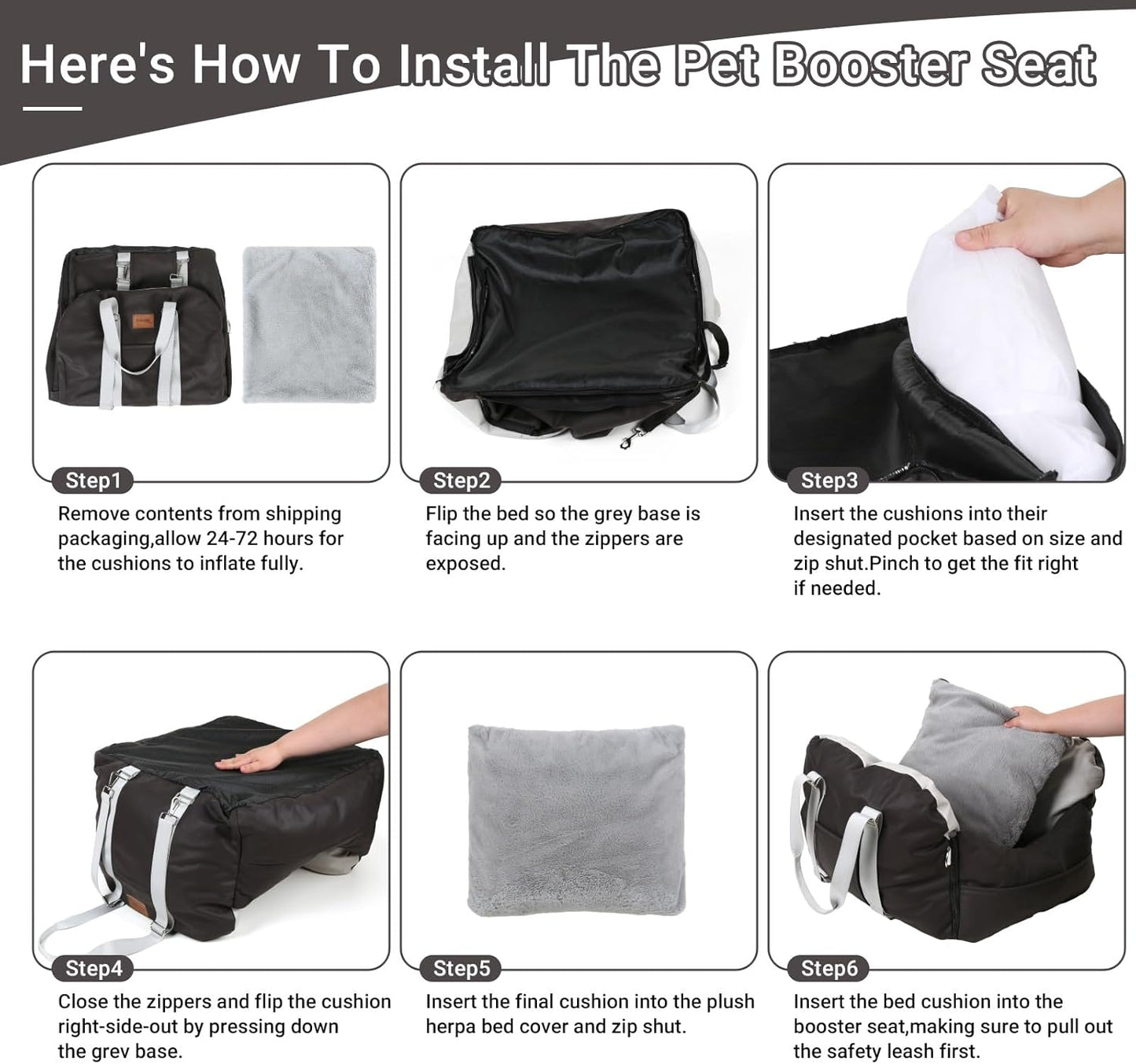 Leath-Aire Dog Car Seat, Scratch Resistant, Waterproof Booster Seat with Storage Pockets and Clip-On Safety Leash, Portable Dog Travel Carrier Bed up to 25lbs (Black/Grey)