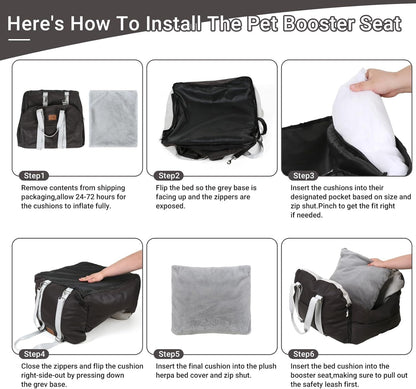 Leath-Aire Dog Car Seat, Scratch Resistant, Waterproof Booster Seat with Storage Pockets and Clip-On Safety Leash, Portable Dog Travel Carrier Bed up to 25lbs (Black/Grey)