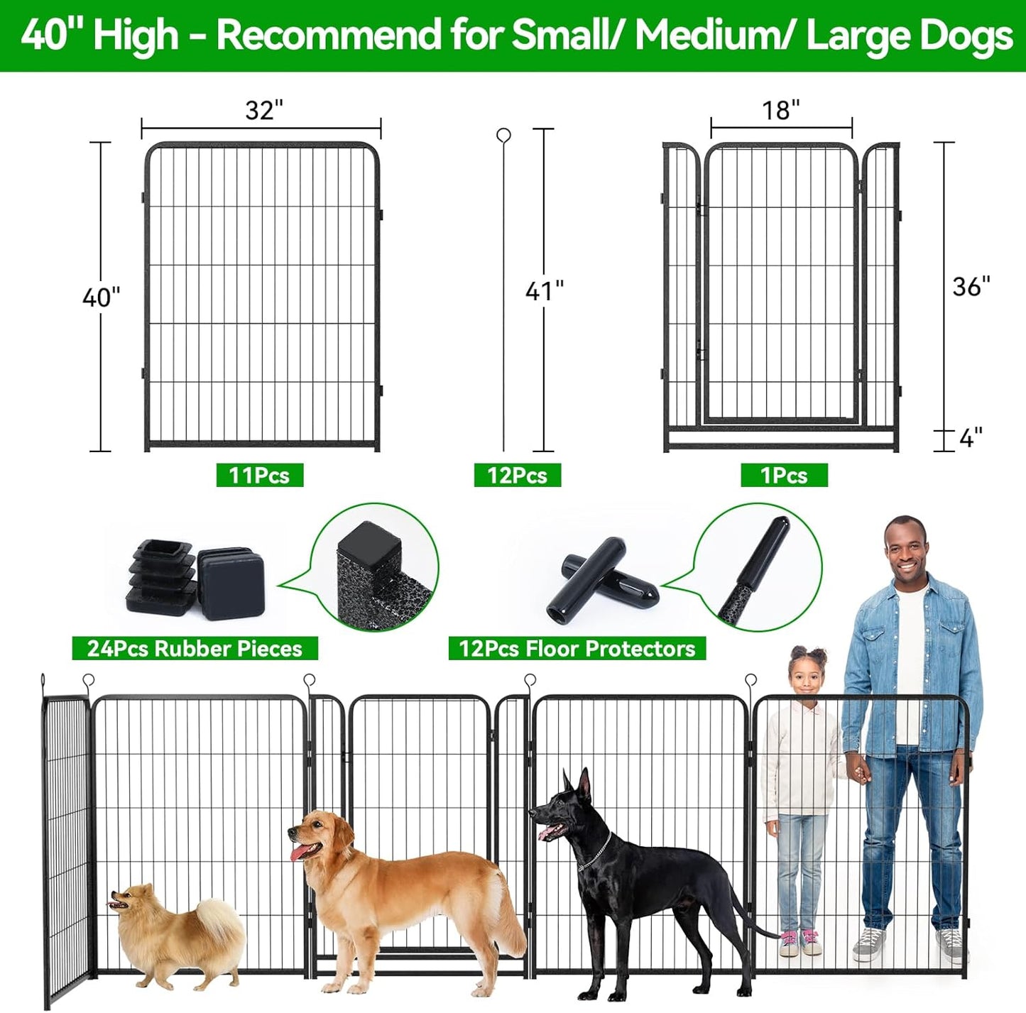 Dog Playpen Outdoor Extra Wide 12 Piece Panels Heavy Duty Anti-Rust Coating-Strengthened Dog Fence 40" Height with Doors Portable for RV Camping Yard, Total 32FT, 79 Sq.ft, Snowy Black
