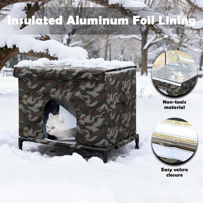 Elevated Cat House for Outdoor Cats,Outside Cat House Weatherproof Outdoor Cat Feeding Satation for Winter,Insulated Pet Shelter for Feral & Stray Cats,Waterproof,Durable & Scratch-Resistant