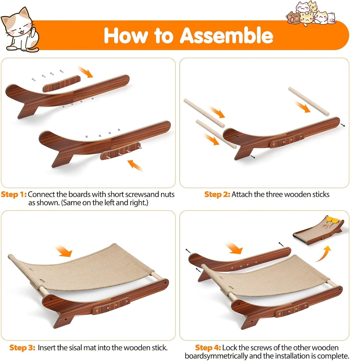 Sisal Cat Scratcher Bed, Natural Solid Wood Scratch Lounger, No Mess Scratching Chair Couch for Indoor Cats, 25.6 Inch Cat Scartching Pad, 3 in 1 Scratching Board, Furniture Protector