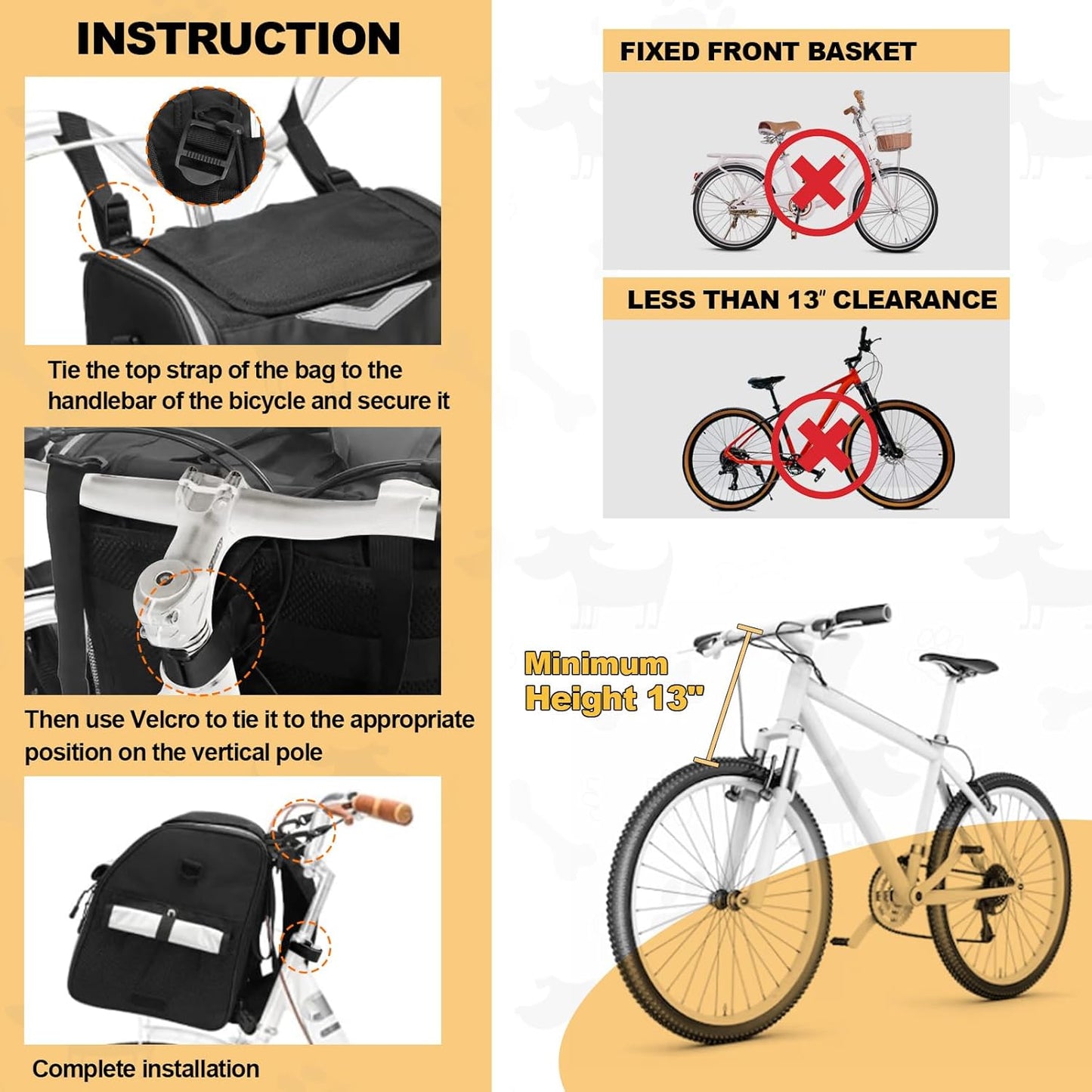 Dog Bike Basket Foldable Pet Bike Carrier Backpack with Safety Strap, Waterproof Pet Bicycle Basket for for Small Cats Kitten Puppy Dogs (Black