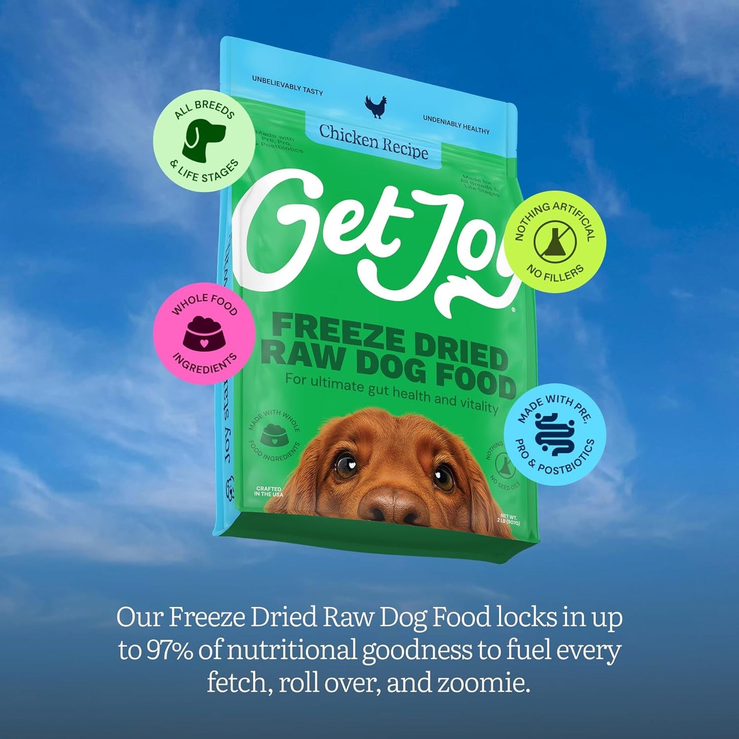 Get Joy Freeze Dried Raw Chicken Dog Food, High Protein Grain Free Meal, Topper & Treat, Gut Health Support with Probiotics, Small to Large Breed, 32oz Bag