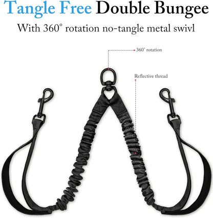 Double Dog Leash for Two Dogs, Heavy Duty Adjustable No Tangle, Bungee Retractable Split Multiple Leash for Walking 2 Dogs, 5.5FT-1/2”, Black