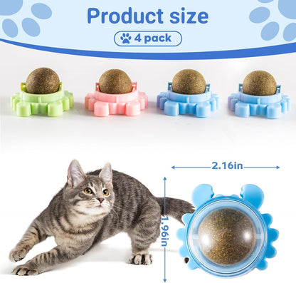 Catnip Balls Wall Interactive Toys Ball 360° Balls for Cats Cat Nip Catnip Toy Anxiety Relief Indoor Edible Cat Nips Organic Ball Rotatable Play Chew Teeth Cleaning 4 Pack