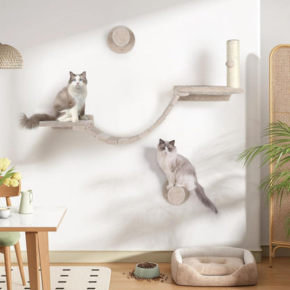 Cat Wall Shelves Climber Systems, Set of 7 Heavy Duty Wall-Mounted Cat Furniture Set with Scratcher Post, Bridge Ladder, Wooden Platform and Hanging Ball for Kittens, Large Cats