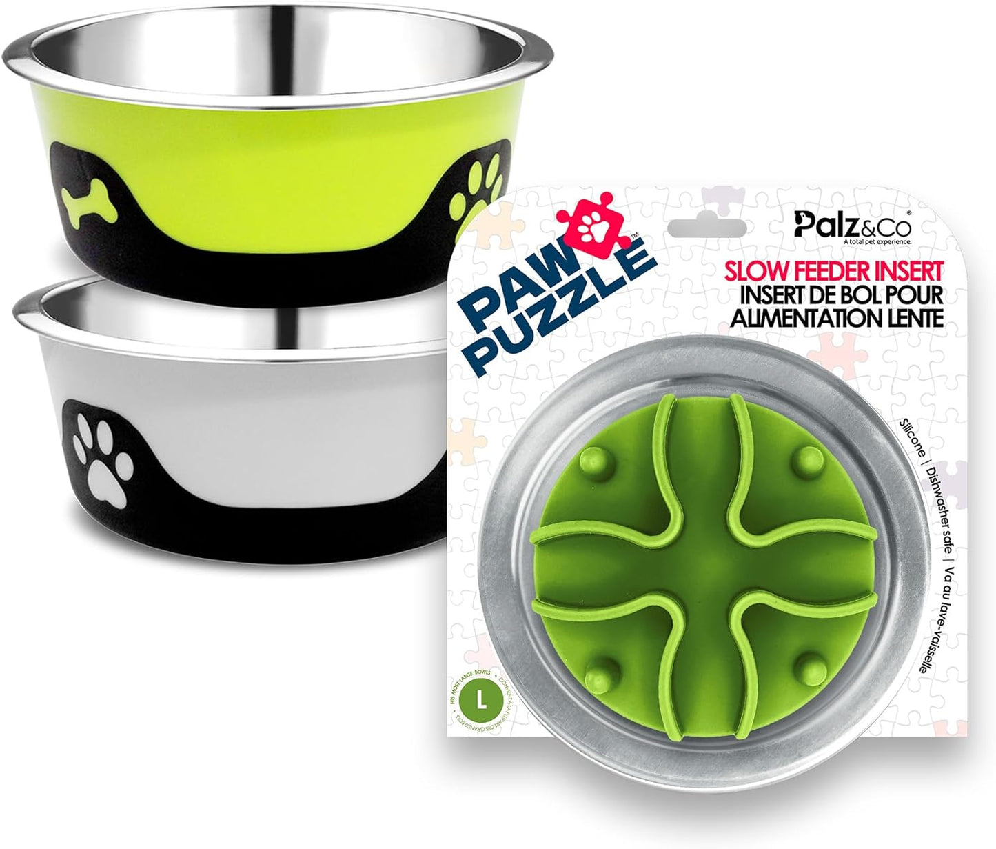 Thermocool XL Dog Bowl Set with Slow Feeder Insert – 2 Pack 64oz Stainless Steel Insulated Bowls + Palz&Co Paw Puzzle Insert, (3 Pack)