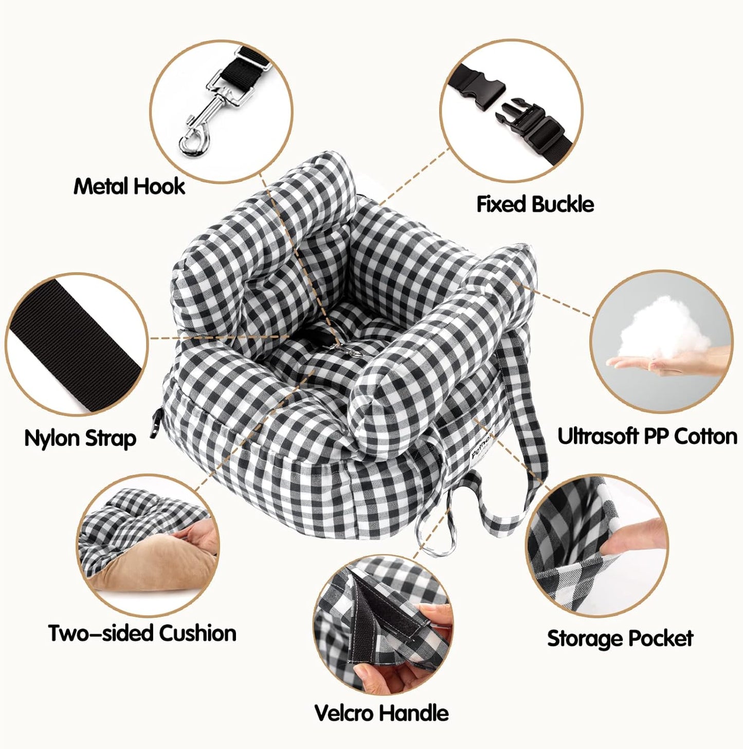 Dog Car Seat for Small Dogs, Portable Puppy Car Seat of Easy Installation, Fashionable Pet Carrier Bag with Large Pockets, Machine Washable Dog Booster Seat (Checkered Black)