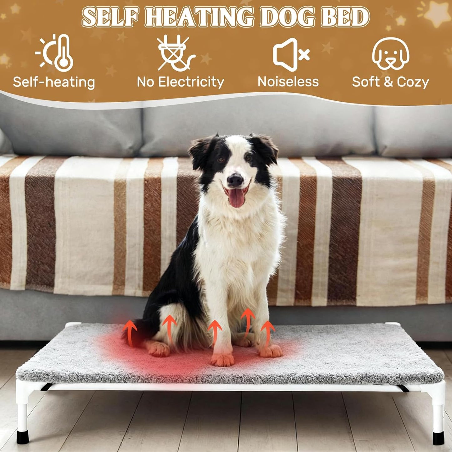 Large Self-Warming Dog Cot Pad for Elevated Dog Beds Extra Warm Thermal Pet Pad Mat with Corner Straps 28x42inch Removable Washable Cover Non-Slip Bottom