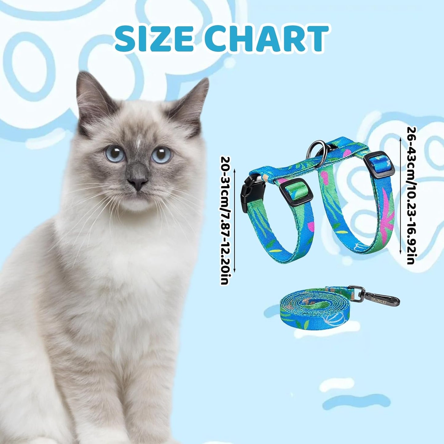 1 Set Cat Harness and Leash, Adjustable Escape Proof Cat Harness, Comfortable Soft Lightweight Design for Daily Walks and Travel, Neck 20-31CM Chest 26-43CM, (Hawaii Green)