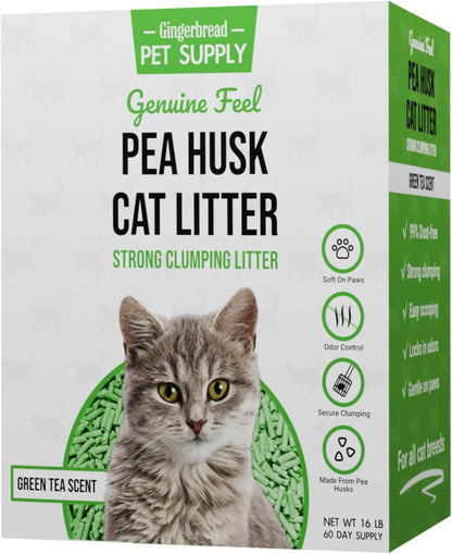 Premium Pea Husk Scented Cat Litter for Happy and Healthy Cats. (16 lbs)(Green Tea)