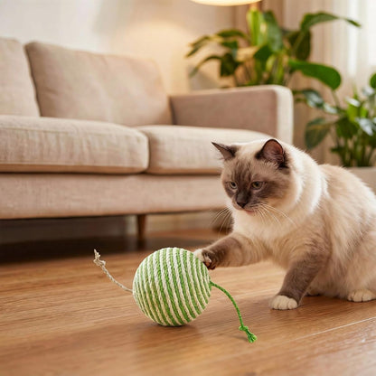 Sisal Ball Cat Toy for Teething and Play, Crinkle Sound Interactive Toys for Self-Entertainment and Boredom Relief for Cats（Green and White）