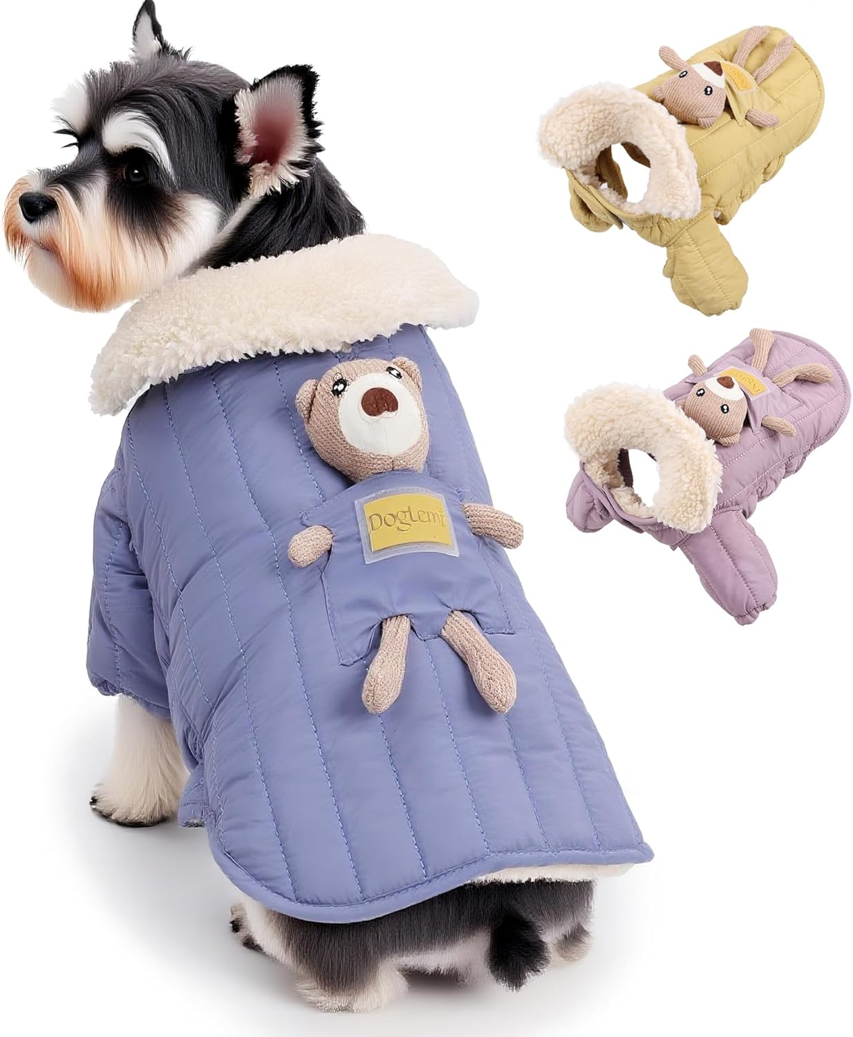 Cute Dog Winter Coat with Detachable Bear Toy, Fleece Lined Puffer Jacket for Small Dogs & Puppies, Warm Vest with Soft Sherpa Collar & Harness Hole (Blue, Medium)