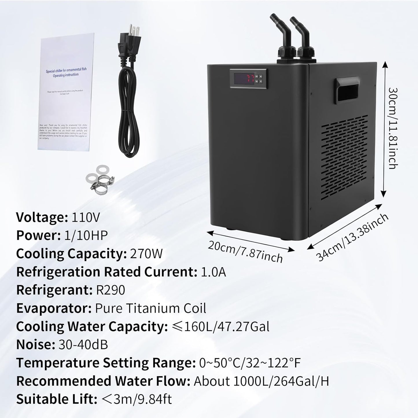 160L/42.27GAL Aquarium Chiller, 270W Aquarium Water Hydroponic Cooling System Chiller Fish Shrimp Tank Cooler, Circulation Function Constant Temperature for Water Weeds Axolotl Jellyfish Coral Shrimp