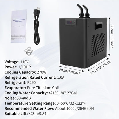 160L/42.27GAL Aquarium Chiller, 270W Aquarium Water Hydroponic Cooling System Chiller Fish Shrimp Tank Cooler, Circulation Function Constant Temperature for Water Weeds Axolotl Jellyfish Coral Shrimp