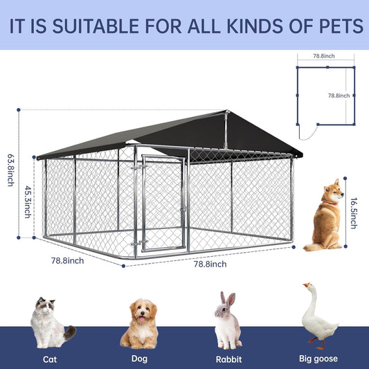 80"x 80" Outdoor Dog Enclosure Heavy Duty Dog Kennel House Mesh Dog Big Cage Pet Kennel Steel Fence with Secure Lock
