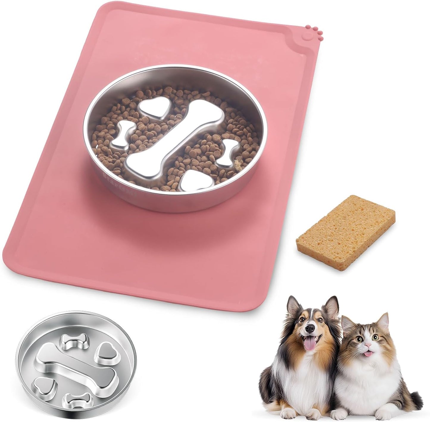 Stainless Steel Slow Feeder Dog Bowls – Non-Slip Metal Dog Bowl for Large & Medium Breeds, Puppy Puzzle Feeder – 2 Cup Capacity for Small to Big Pets – Durable Slow Feed Dog & Cat Food Dish with Mat