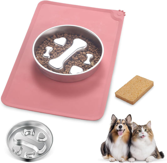 Stainless Steel Slow Feeder Dog Bowls – Non-Slip Metal Dog Bowl for Large & Medium Breeds, Puppy Puzzle Feeder – 2 Cup Capacity for Small to Big Pets – Durable Slow Feed Dog & Cat Food Dish with Mat