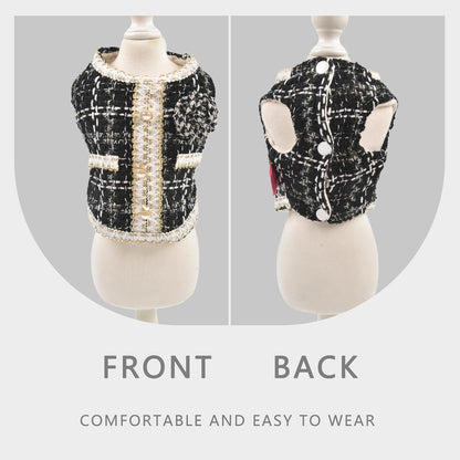 Luxury Dog Clothes Tweed Suits and Beret Hat,Black Winter Warm Pet Coat Vintage Jacket Vest,Cat Artist Costume Cosplay Party Outfits for Small Medium Dogs,XL