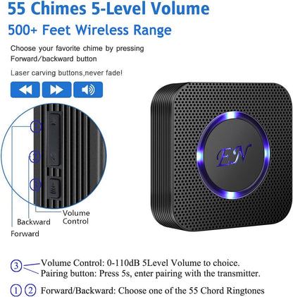 EverNary Dog Door Bell, Wireless Doggie Doorbells for Potty Training, Door Bell for Dogs to Go Outside, Dog Bells to with 1 Receiver and 2 Waterproof Transmitters (Black)