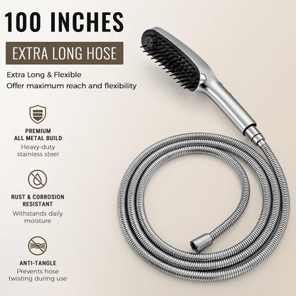 G-Promise 3 Mode Dog Shower Attachment with Pause Mode, Dog shower Sprayer with 100 Inches Stainless Steel Hose, Metal Diverter, Adhesive Holder, for Fast and Easy Dog Bathing and Cleaning(Chrome)