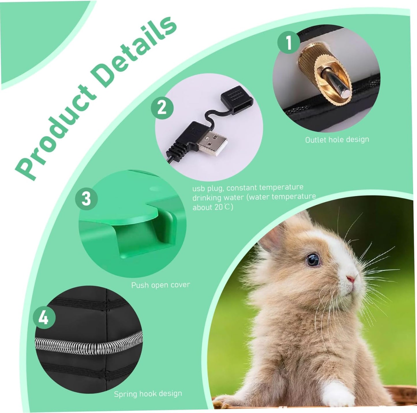 1Set Heated Rabbit Water Bottle 35OZ No Drip Heated Water Bottle for Rabbits Animal USB Powered Rabbit Outdoor for Hamster Guinea Pigs Birds