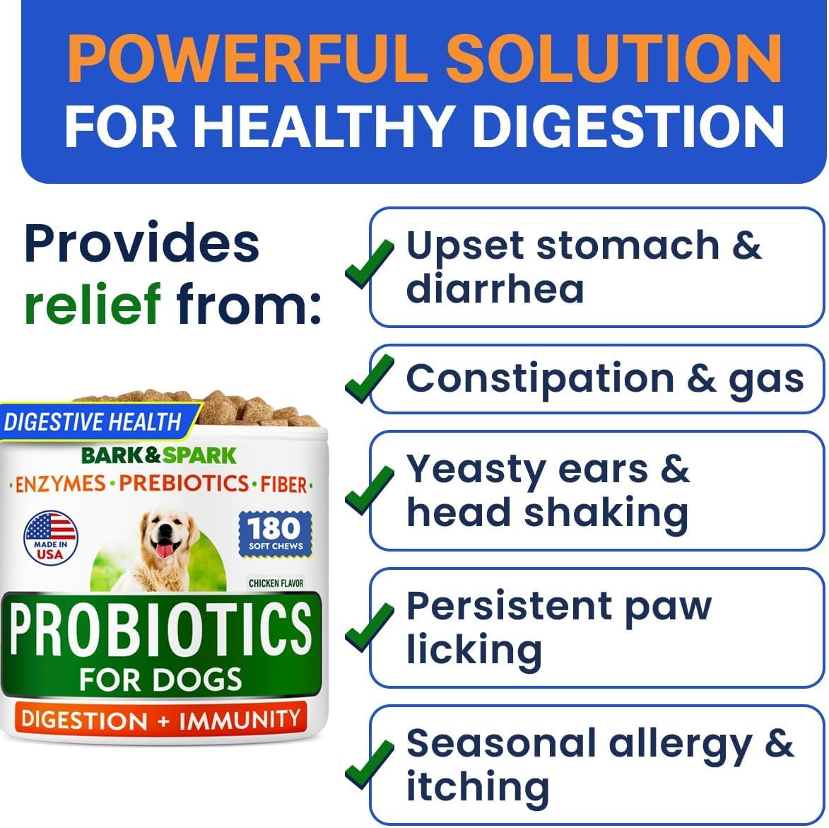 BARK&SPARK Dog Probiotics for Digestive Health w/Enzymes & Fiber - Diarrhea Gas Treatment Upset Stomach Relief - Allergy & Itchy Skin - Pet Probiotics for Dogs - (180Ct, Chicken)