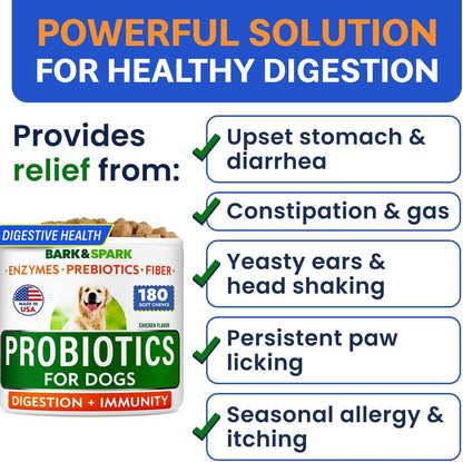 BARK&SPARK Dog Probiotics for Digestive Health w/Enzymes & Fiber - Diarrhea Gas Treatment Upset Stomach Relief - Allergy & Itchy Skin - Pet Probiotics for Dogs - (180Ct, Chicken)