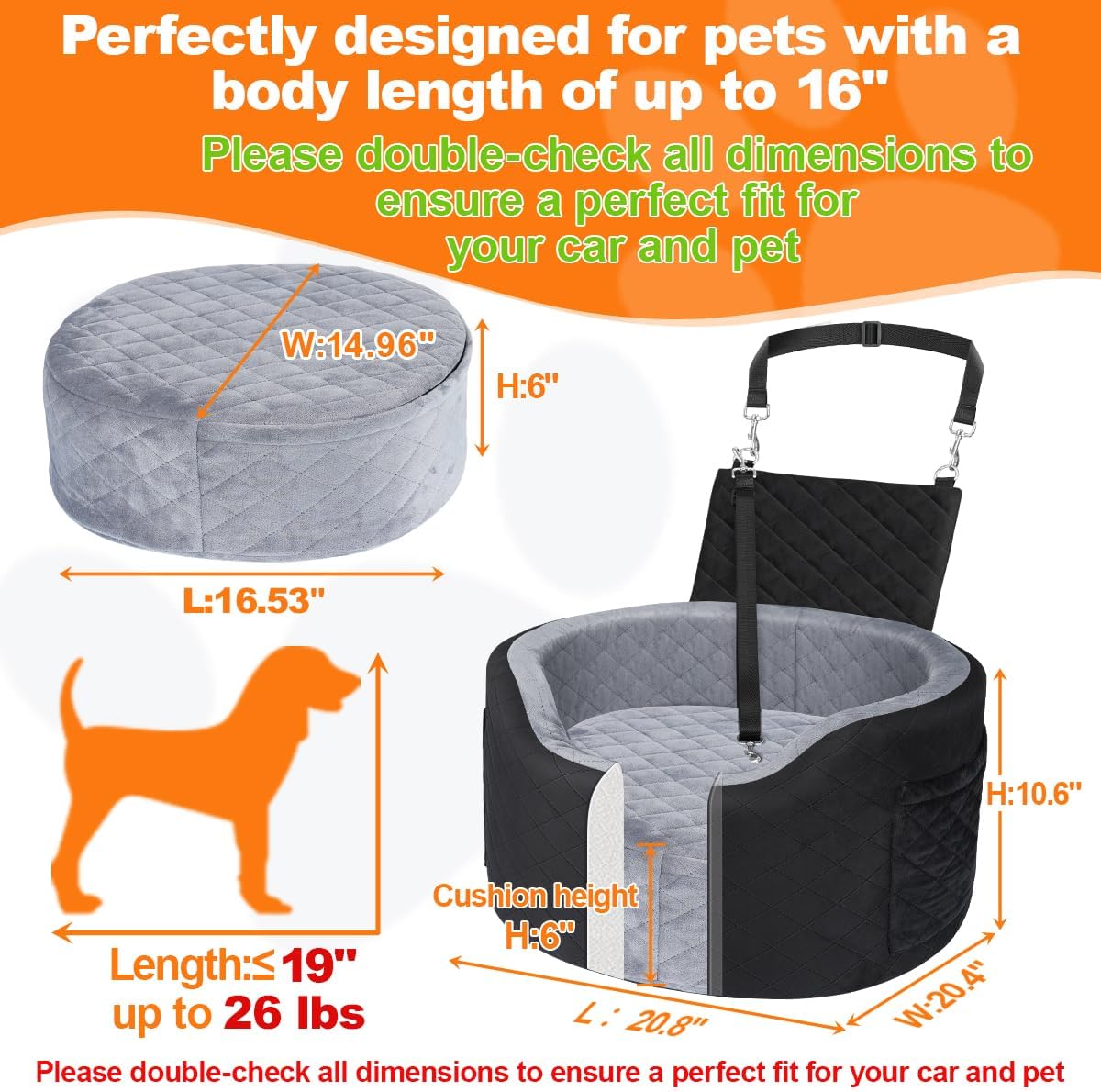 Dog Booster Car Seats for Small Medium Dogs, Fits Dogs Under 19", 28D High-Density Memory Foam with Waterproof Cover, Pet Travel Bed with Storage Pockets, Blanket, Dog Safety Belt, Black