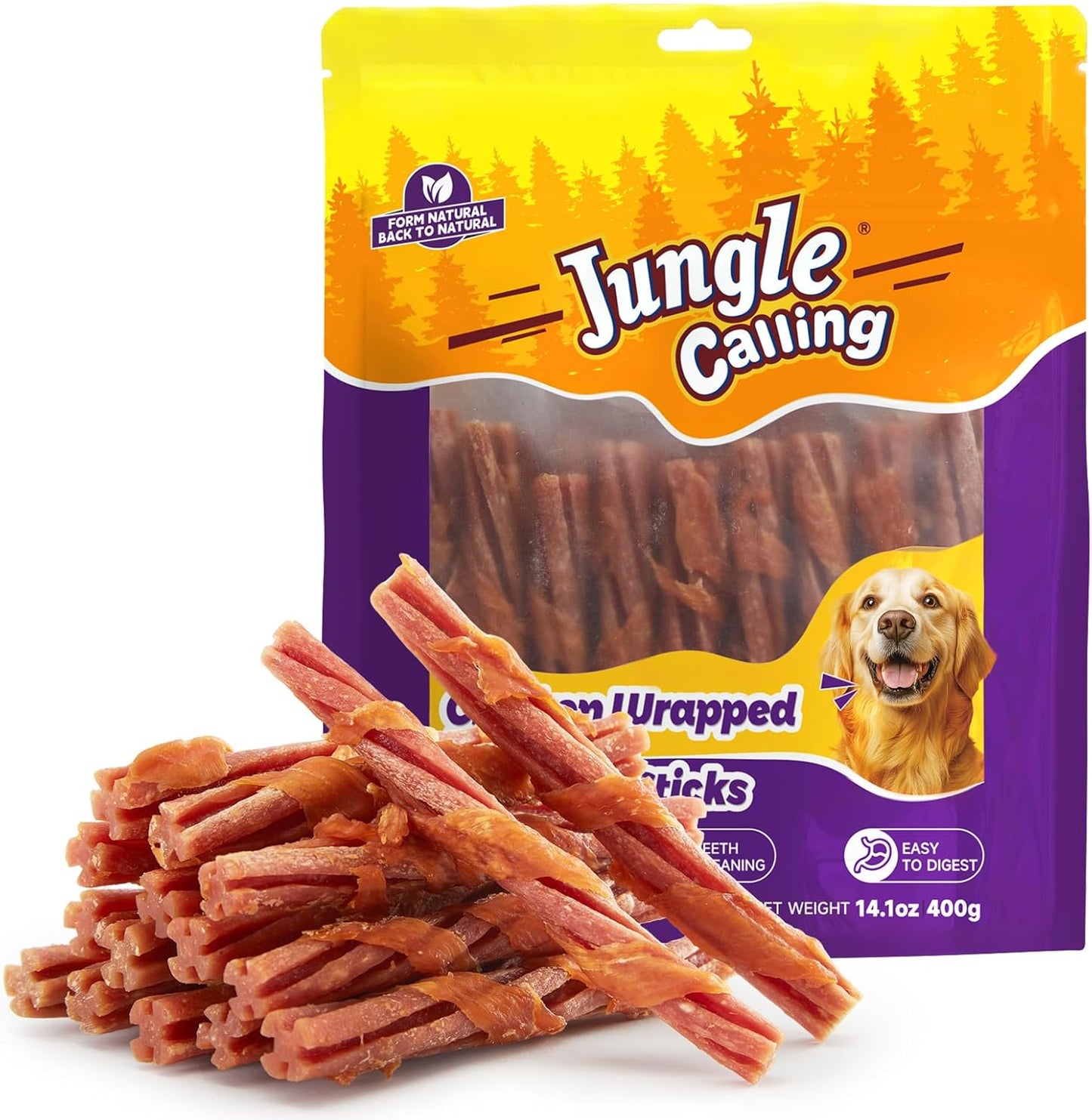 Jungle Calling Beef Collagen Sticks, Long Lasting Dog Chews, Chicken Wrapped Treats, Rawhide Alternative for Small Medium Large Dogs, Dental Health, Beef Lung Flavored Bones,14.1 oz
