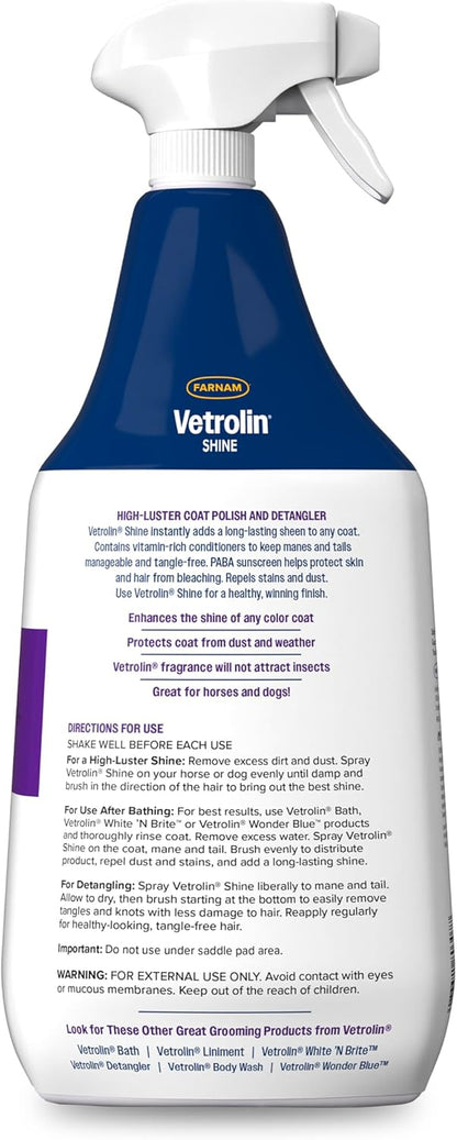 Farnam Vetrolin Shine, High-Luster Coat Polish and Detangler Spray, Ideal for Horses and Dogs, 32 oz.