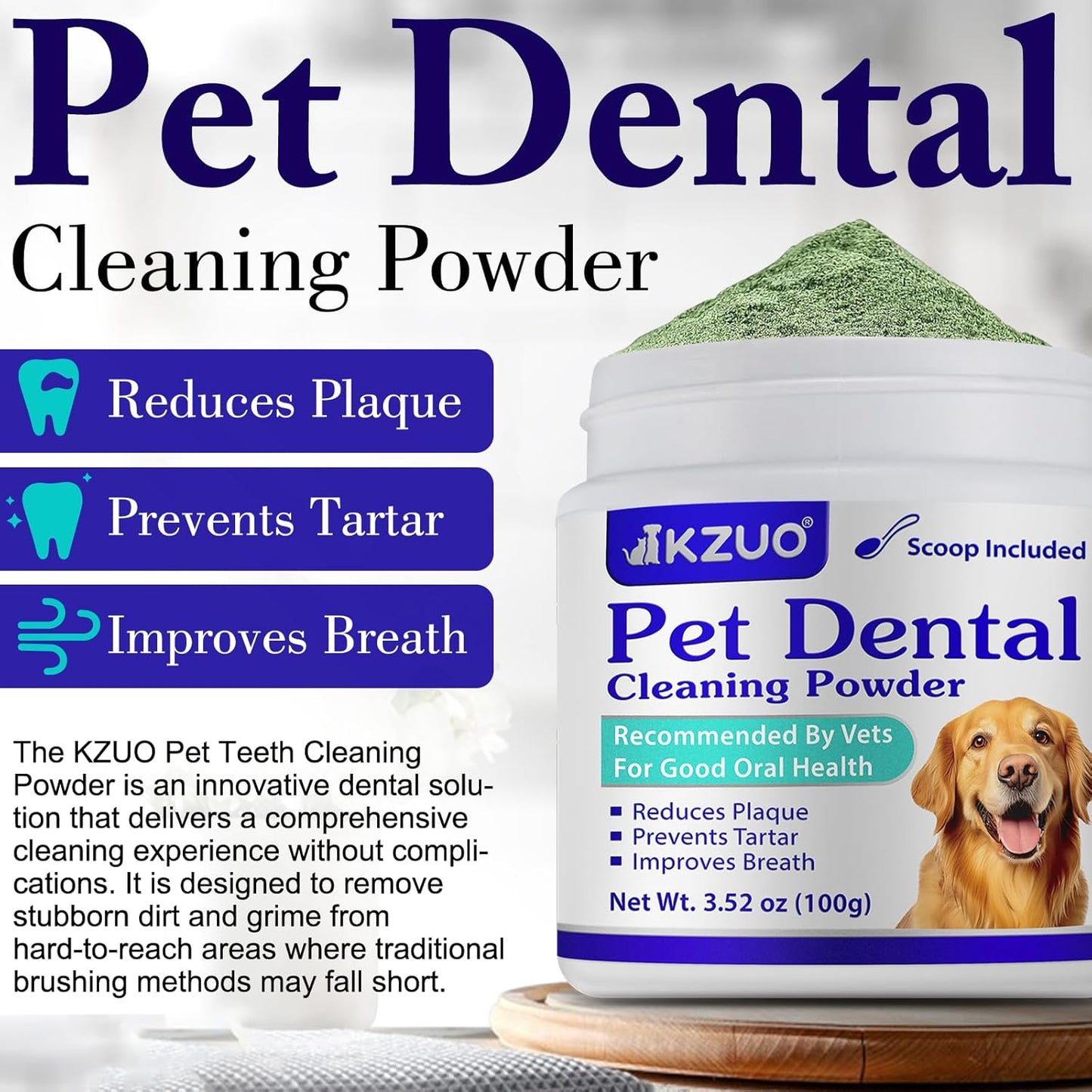 Dog Dental Powder - Dog Teeth Cleaning Powder - Tartar & Plaque Reducer - Bad Breath Solution - Easy Teeth Cleaning for Small, Medium, Large Dogs & Cats
