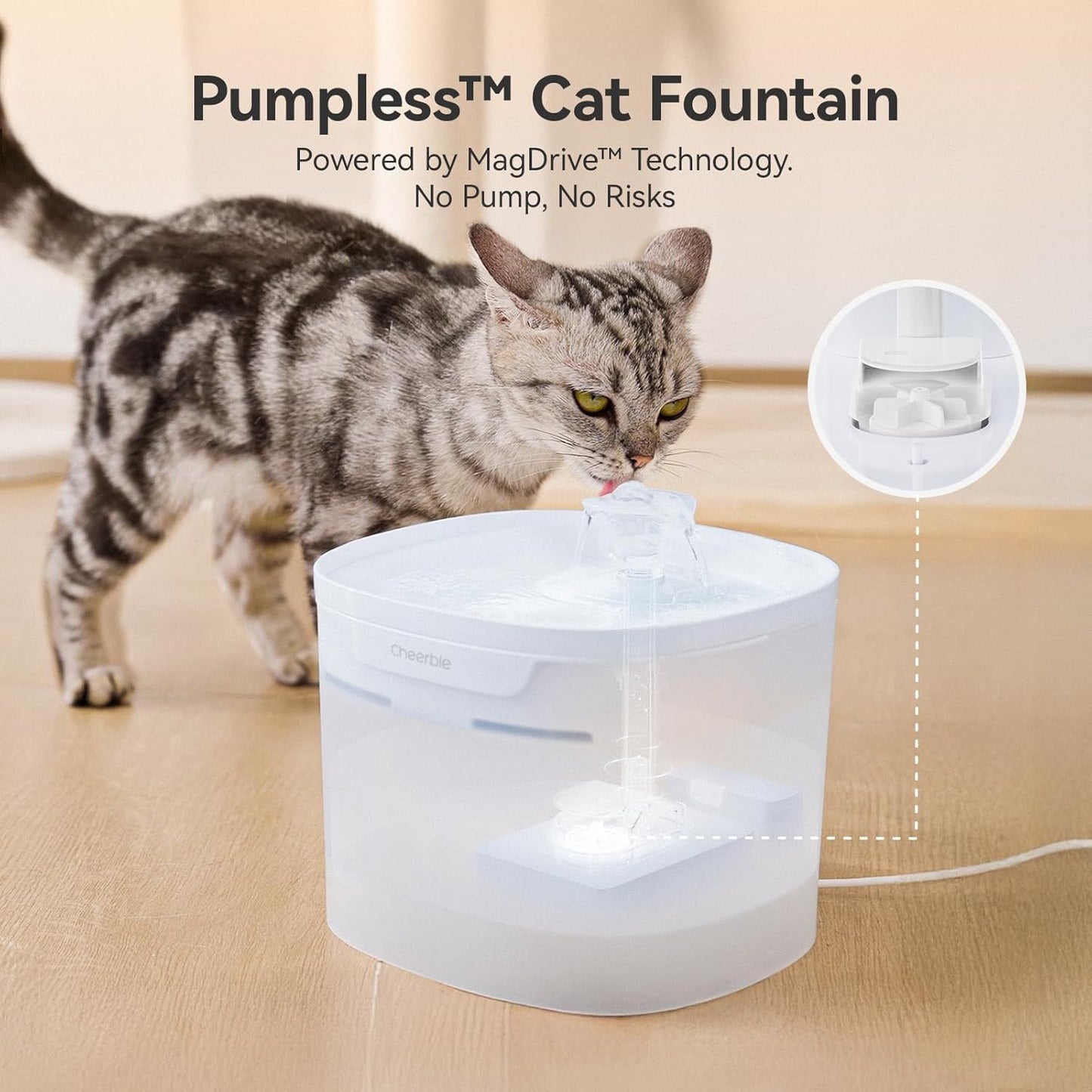 Cheerble Pumpless Cat Water Fountain, 2L/67oz Automatic Pet Fountain, Elfin E1 Lite Cat Fountain for Drinking, MagDrive™ Technology, Continuous Flow Mode, BPA-Free (Blue, E1 Lite)