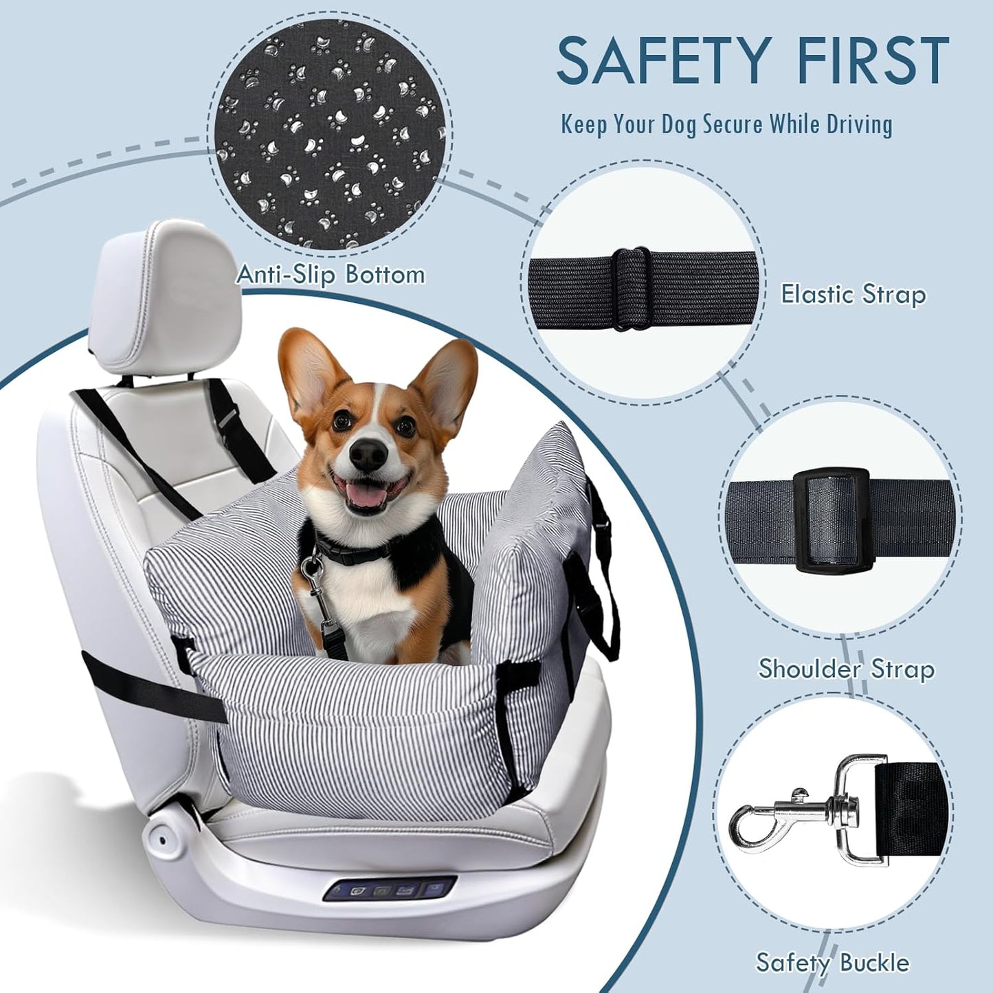 Dog Car Seat for Small/Medium Dogs Under 40 lbs - Elevated Pet Seat with Safety Belt, Non-Slip Base, and Storage Pockets for Car Travel (Navy, 30 x 20.5 inch)