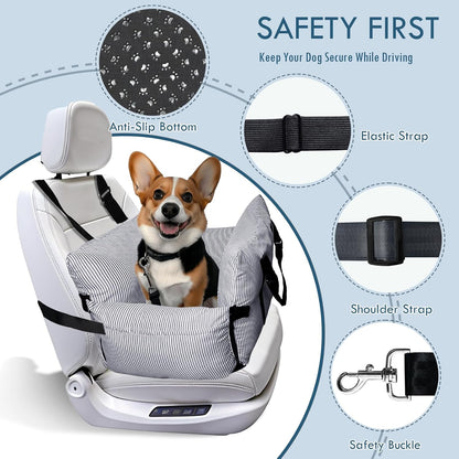 Dog Car Seat for Small/Medium Dogs Under 40 lbs - Elevated Pet Seat with Safety Belt, Non-Slip Base, and Storage Pockets for Car Travel (Navy, 30 x 20.5 inch)