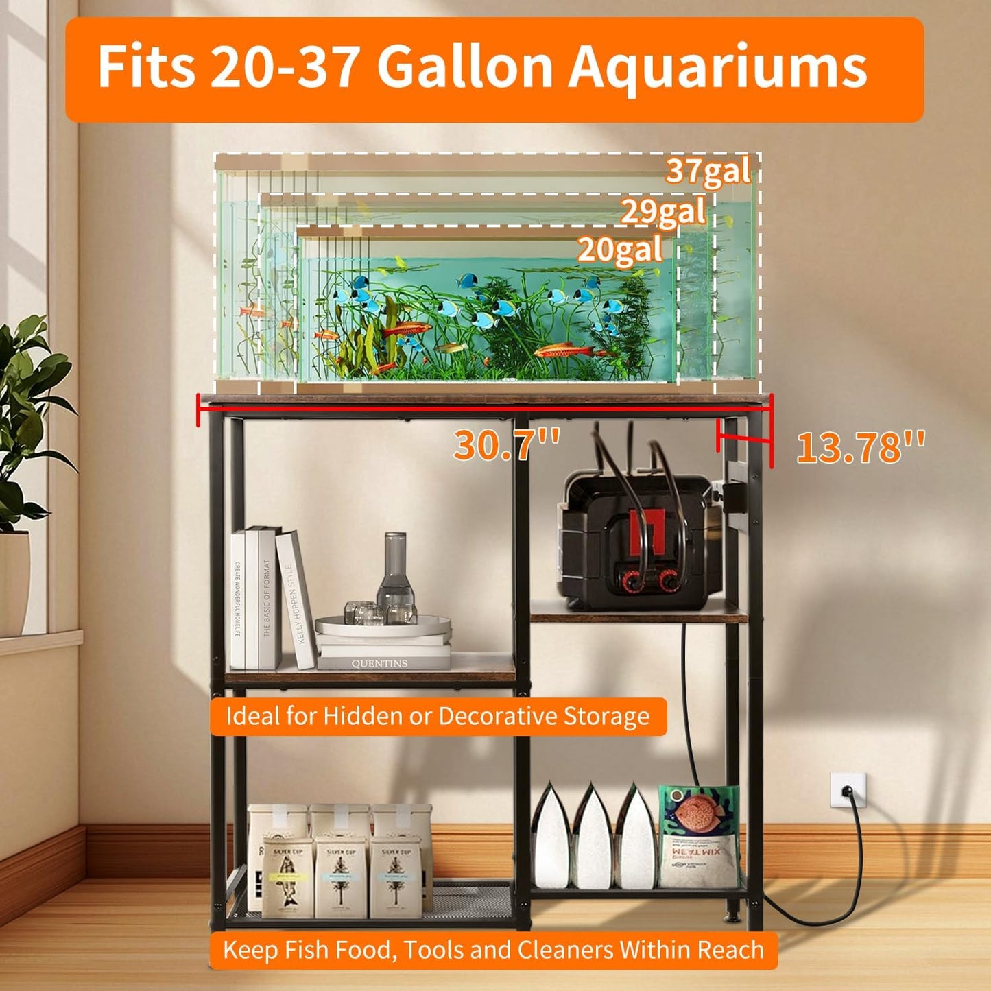 20-29-37 Gallon Fish Tank Stand with 3 Power Outlet 2 USB Port, Metal Aquarium Stand with 4-Tier Adjustable Storage Shelves, 30''L* 13''W*30''H Reptile Tank Stand, Fish Tank Table